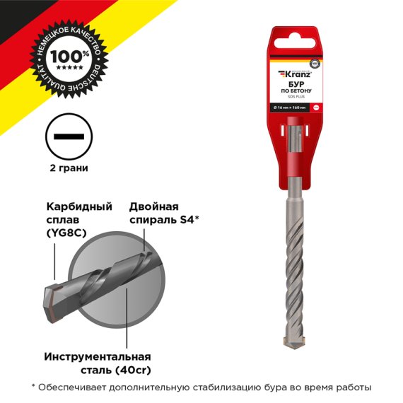 Фотография товара 'Kranz KR-91-0033 Бур по бетону 16x160x100мм SDS PLUS'