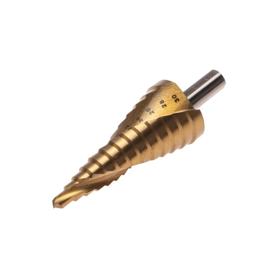 Фотография товара 'Kranz KR-12-6616 Сверло ступенчатое, 6-8-10-12-14-16-18-20-22-24-26-28-30мм, Р6М5, ТИТАН'