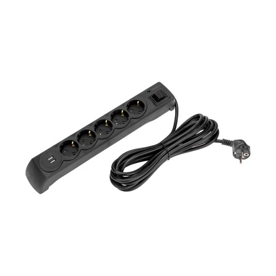 Фотография товара 'Kranz 13-4703 Фильтр сетевой 5 гнезд, 5м, 3х1,5мм?, с автовыкл, 2 USB'